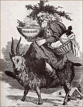 Folk tale depiction of Father Christmas riding...